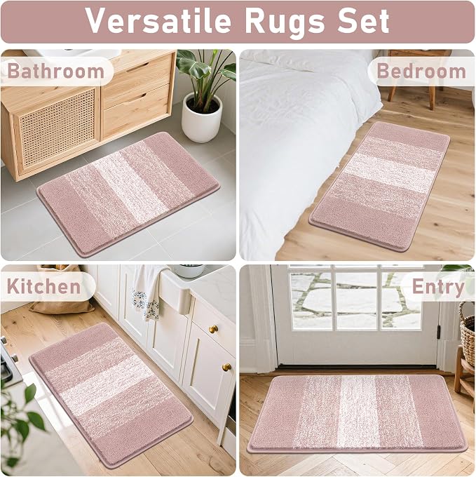 Bsmathom Bathroom Rug Set 4 Piece, Plush Microfiber Bath Mat, Pink | Extra Water Absorbent, Non Slip Washable Runner Bath Rugs with Toilet Lid Cover and U-shaped Contour Toilet Mat