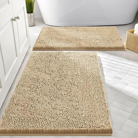 Smiry Chenille Bathroom Rugs Sets 2 Piece (30x20+24x16, Beige) | Soft Absorbent Machine Washable Non Slip Shaggy Bath Rug Set for Tub, Shower, and Floor, Home Decor
