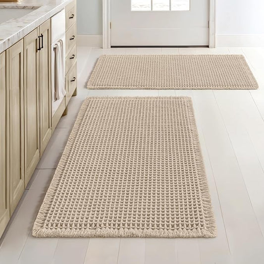 MIULEE Set of 2 Waffle Bathroom Rugs Boho Bath Mat Pale Beige 18x30 Inch | Non Slip, Super Absorbent, Washable, Ultra Soft, Rubber Backed Bath Rugs for Bathroom Floor Tub Shower