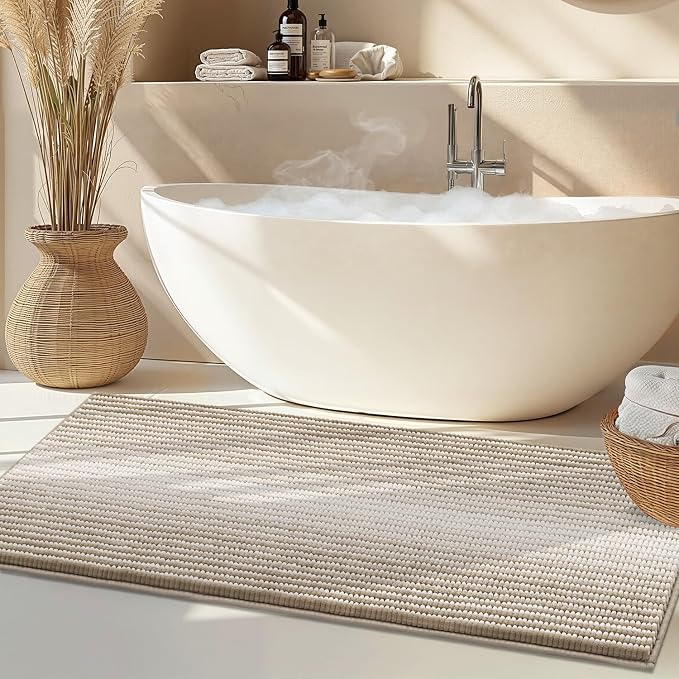 BSICPRO Large Bathroom Rugs Runner, 22x60 Striped Bath Mats, Light Taupe | Non Slip Chenille Backing, Extra Soft Absorbent, Quick Dry Machine Washable, Shower Rug for Bathroom Bedroom Decor