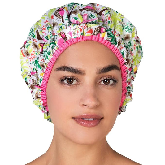 Betty Dain Fashionista Reusable Shower Cap, Tropical | Oversized Waterproof PEVA Lined Bath Cap for All Hair Lengths, Elastic Stretch Hem Hair Hat