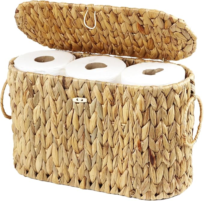 Toilet Paper Storage Basket with Lid, Water Hyacinth Slim Toilet Paper Holder - Holds Up to 6 Mega Rolls, Wicker Basket for Bathroom Accessories Decor Organizer