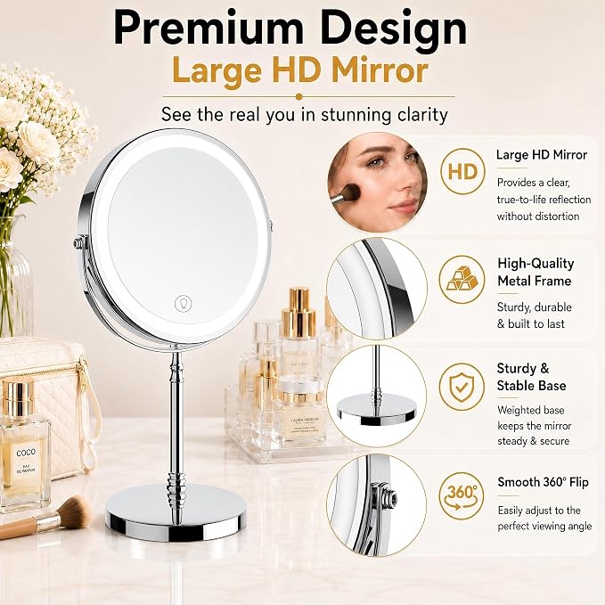 DEIOVWXS Makeup Mirror, Rechargeable Vanity Mirror with 3 Lights, 1X/10X | Adjustable Brightness, 3000mAh, Double-Sided, Gift for Mom, Women, Wife, Girls, Dorm Room Essential