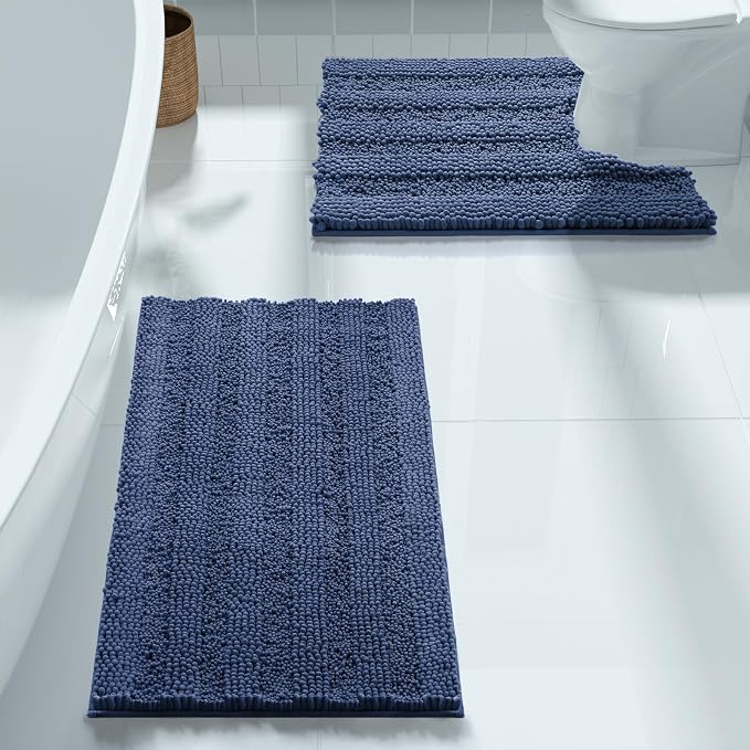 Yimobra U Shaped Toilet Rug Set, Absorbent Chenille, 24x17+24x20, Navy Blue | Non Slip Machine Washable Quick Dry Bath Mat Set, Soft Plush Shower Rugs for Bathroom Floor Sink Tub and Shower Outside