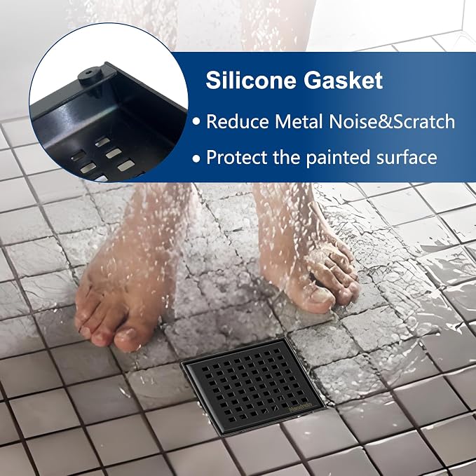 Neodrain 4 Inch Black Square Drain, 304 Stainless Steel Shower Drain Kits with PVC Base, Removable Cover Hair Catcher Strainer for Bathroom Floor Drain, Matte Black