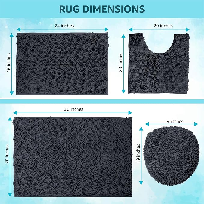 LuxUrux 4-Piece Bathroom Rug Set - Soft Chenille Mats, Non-Slip Toilet Mat & Lid Cover for Comfort & Style (20x20 U, 16x24, 20x30 & 19x19 inches, Charcoal)
