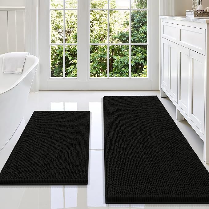 Smiry Chenille Bathroom Rugs Sets 2 Piece (59x20+30x20, Black) | Soft Absorbent Machine Washable Non Slip Shaggy Bath Rug Set for Tub, Shower, and Floor, Home Decor