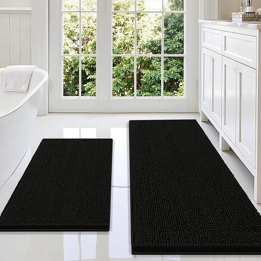 Smiry Chenille Bathroom Rugs Sets 2 Piece (59x20+30x20, Black) | Soft Absorbent Machine Washable Non Slip Shaggy Bath Rug Set for Tub, Shower, and Floor, Home Decor