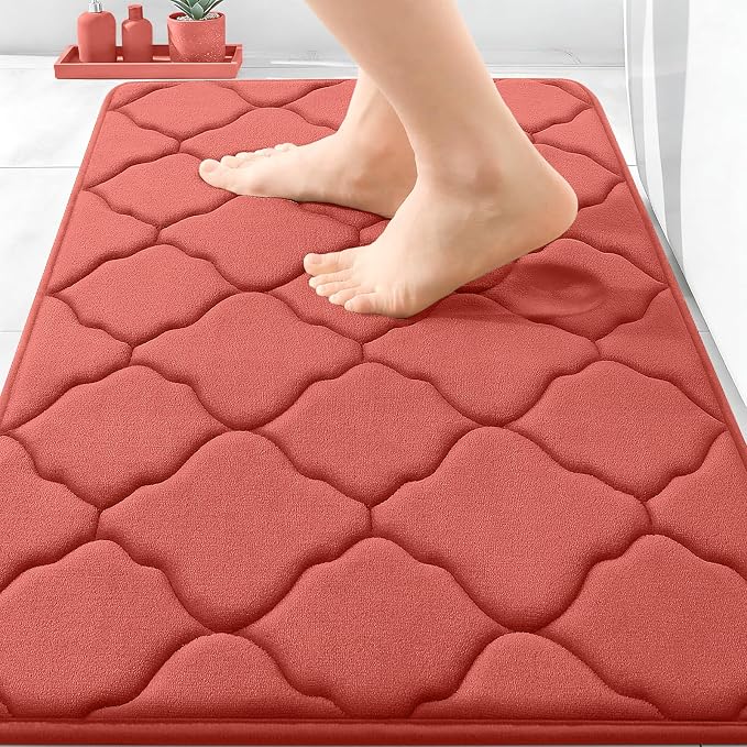OLANLY Memory Foam Bath Mat Rug 30x20, Ultra Soft Bathroom Rugs, Coral | Thick Absorbent Carpet, Non-Slip Backing, Machine Washable, for Bathroom Floor, Tub, Shower and Home Decor Accessories