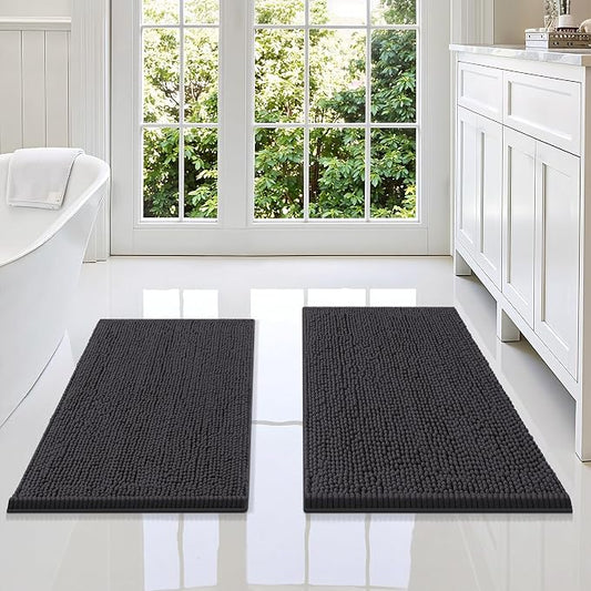 Smiry Chenille Bathroom Rugs Sets 2 Piece (34x21+30x20, Charcoal Grey) | Soft Absorbent Machine Washable Non Slip Shaggy Bath Rug Set for Tub, Shower, and Floor, Home Decor