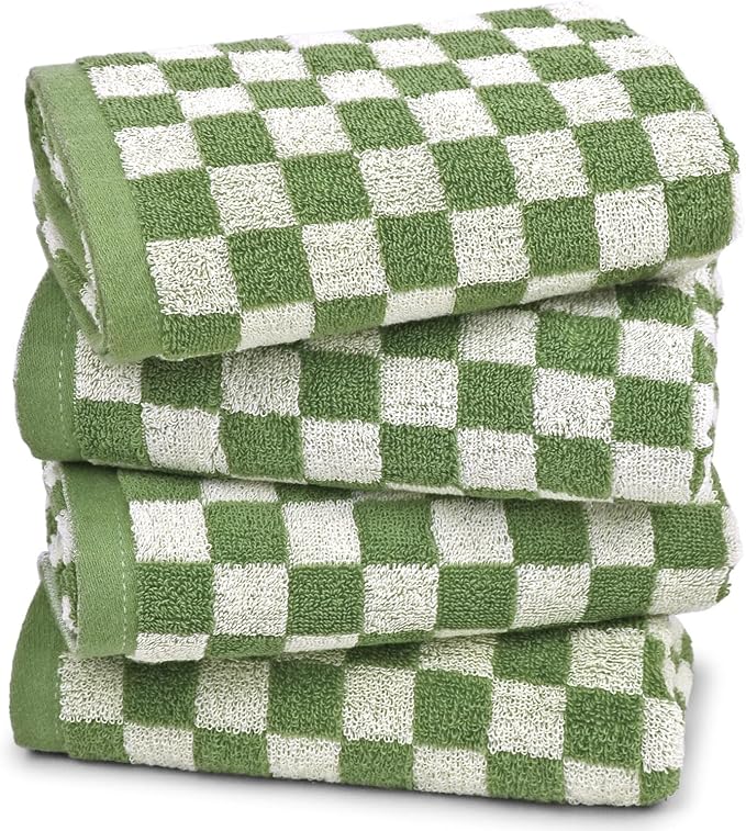 Jacquotha Green Hand Towels for Bathroom Set of 4, Cute Checkered | Bathroom Towels for Kitchen Decor, Lightweight for Bath Face Body