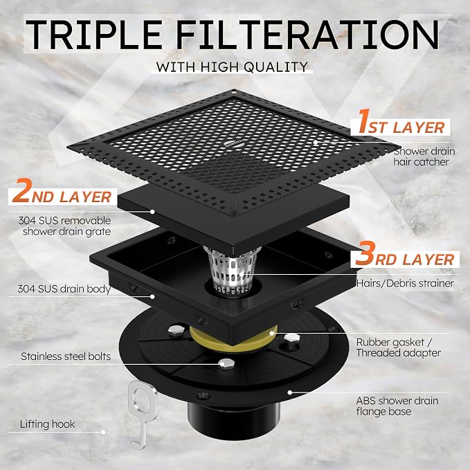 6 Inch Square Black Shower Drain with Flange,Modern Floor Drain with 2-in-1 Cover Tiled Insert Grate,SUS 304 Stainless Steel