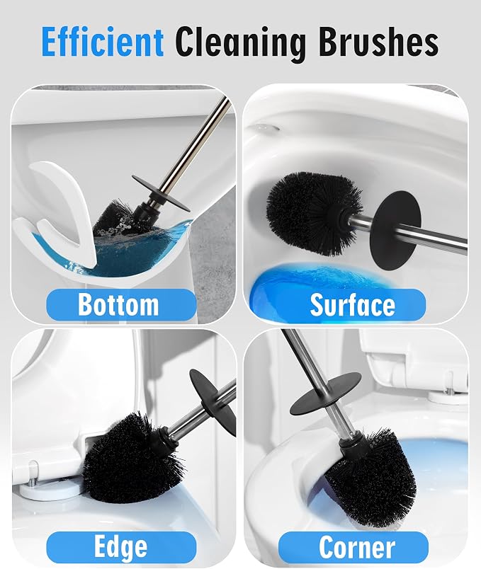 Ceramic Toilet Brush and Holder Set, Toilet Bowl Cleaner Brush | Freestanding Deep-Cleaning, Stainless Steel Handle, Small & Sturdy for Storage, Easy to Clean, Non-Scratching