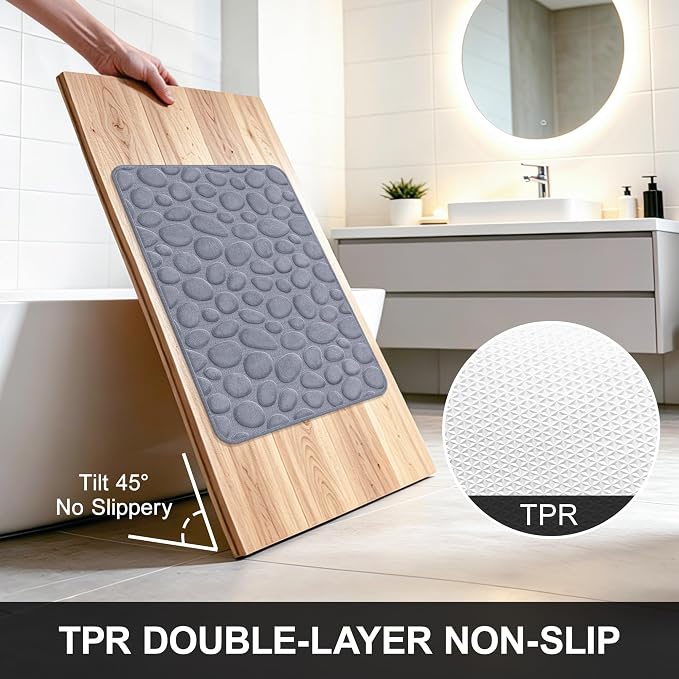 Stone Bath Mats, Non-Slip Memory Foam Bathroom Rugs, 20x32 Gray | TPR Rubber Backing,Ultra Soft,Highly Absorbent,Machine Washable,Quick Dry for Tub and Shower, Home Decor Accessories
