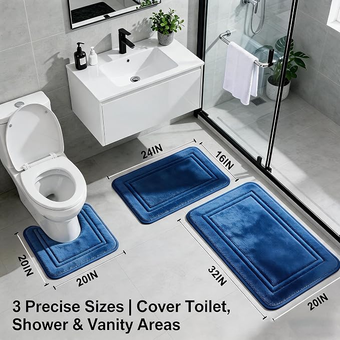 Bathroom Rugs Set 3 Piece Memory Foam, Bordered Toilet Rug, Dusty Blue | Coastal & Farmhouse Decor — Soft Dusty Blue bath mats, absorbent and washable, with a U-shaped toilet mat.