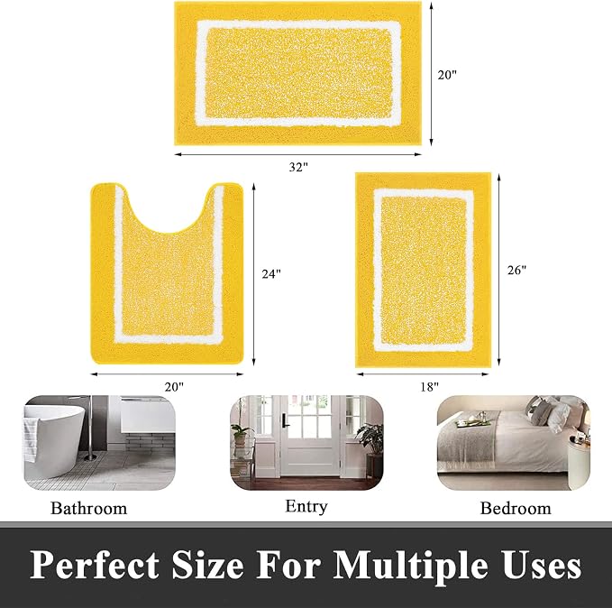Pauwer 3 Piece Bathroom Rug Set, Non Slip Washable Bath Mat, Yellow | Soft Plush Microfiber, Super Absorbent Floor Carpet, U Shaped Toilet Mats, Quick Dry, Shaggy Shower Rugs Runners