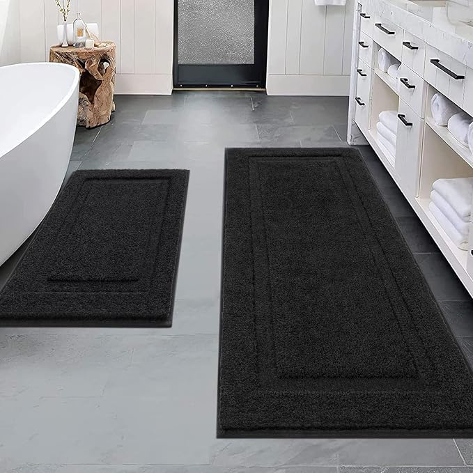 SHACOS Soft Microfiber Bathroom Rugs Set of 2 Pieces, Black | 47x20 + 32x20, Absorbent Plush Bath Rugs, Non Slip Washable Shaggy Bath Mats, Fluffy Bathroom Runner Floor Mats Shower Rug