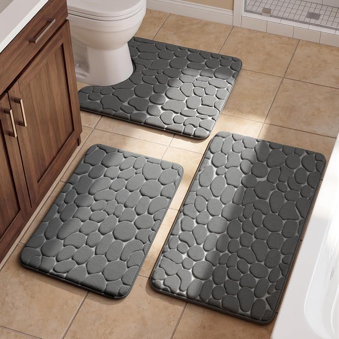 YIHOUSE Bathroom Rugs Mat Set, Memory Foam Bath Mat 3 Piece Dark Grey | U Shape+Small Mat, Non Slip, Water Absorbent, Washable, Bath Mat For Bathroom, Sink and Toilet