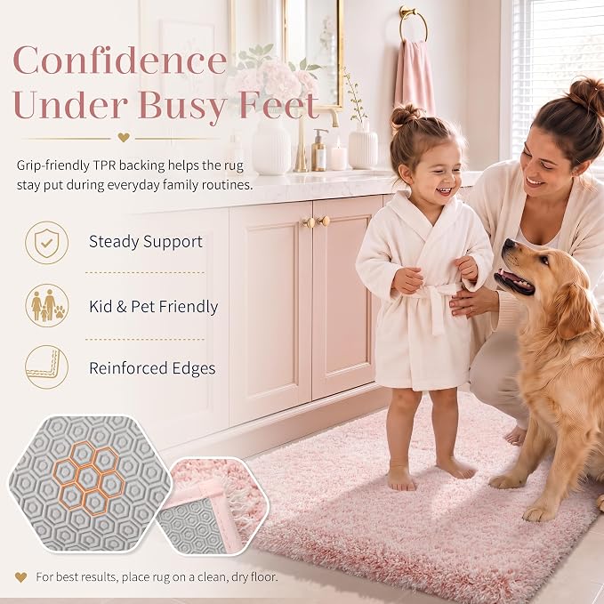 Yimobra Bathroom Rugs Non Slip Washable 36X24, Ultra Soft and Water Absorbent Bath Mats, Plush Fluffy Shower Mat Outside, Luxury Microfiber Thick Matts for Bathroom Floor/Tub, Light Pink and White