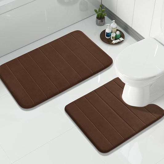 Yimobra Memory Foam Bath Mat Set 2 Piece - Super Soft Absorbent Quick Dry Bathroom Toilet Rugs, Machine Washable Non Slip Floor Carpet for Tub Shower & Single Sink (31.5x20 & 24x20, Brown)