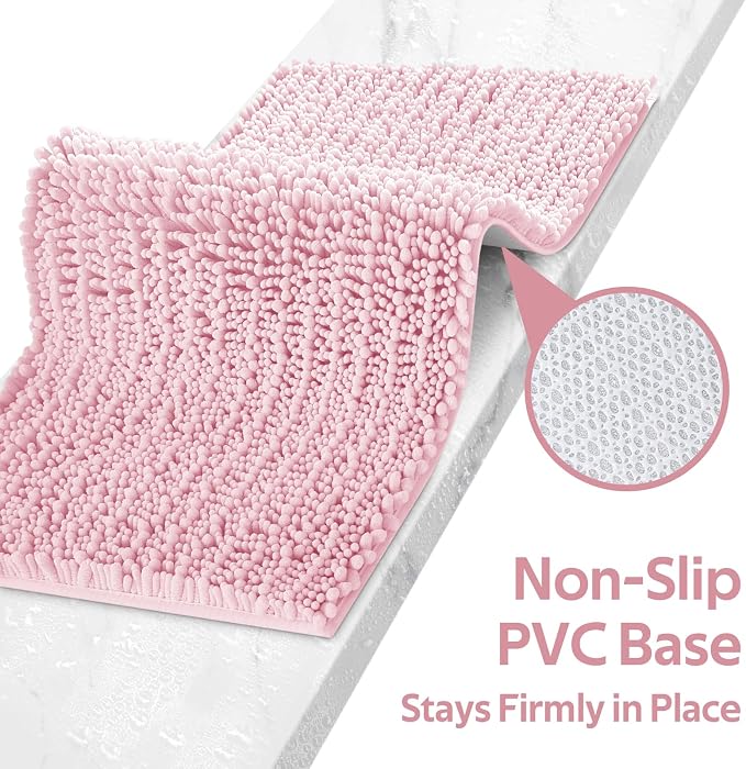 ACCUMTEK Upgrade Extra Large Pink Bathroom Rug Set 3 Pieces Ultra Soft, Thick Absorbent Bath Mats, Non Slip Chenille Toilet Mat for Bathroom, Bedroom, Kitchen