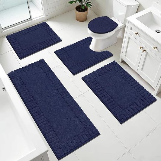 Pauwer Bathroom Rugs Set 5 Piece Non Slip Washable Bath Mat, Navy Blue | U Shaped Contour Toilet Rugs, Soft Plush, Absorbent, Microfiber Shower Rug, Quick Dry Toilet Lid Cover