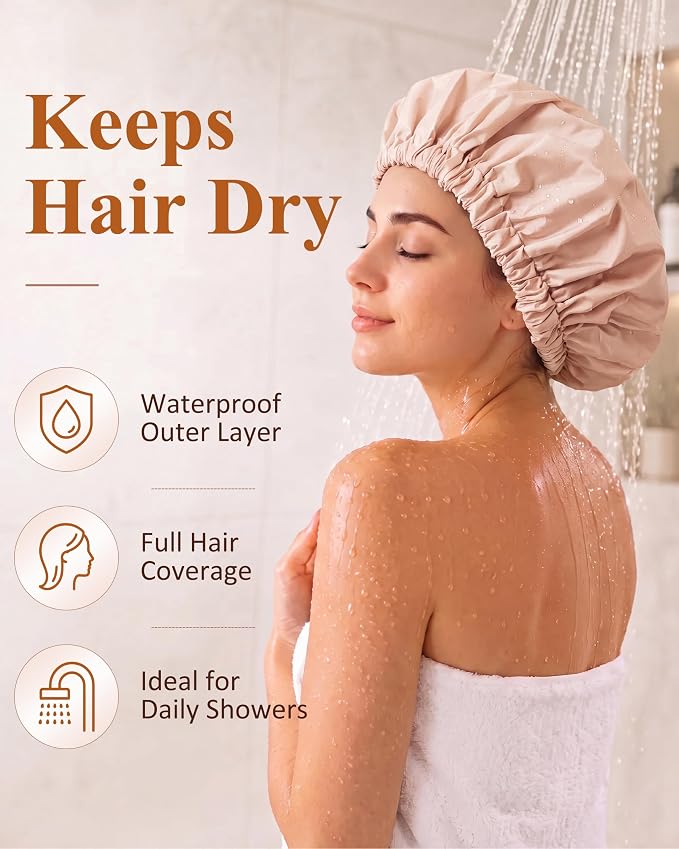 Edoneery Shower Caps for Women Reusable Waterproof, Shower Hair Cap | Washable Bonnet, Wide Elastic Band, Large Fit, Holds Long Hair, Braids Friendly, Bath Accessories, Spa, Travel