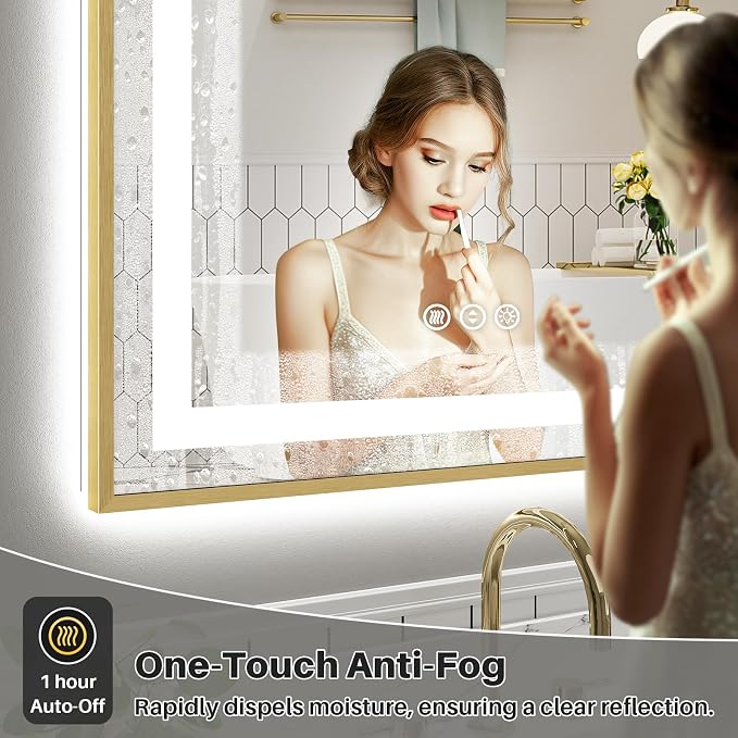 24x36 Inch LED Bathroom Mirror with Gold Frame, Backlit & Front Lit | Anti-fog, 3 Color Dimmable, Memory Function, HD Reflection Tempered Glass, ETL Listed, IP54 Waterproof