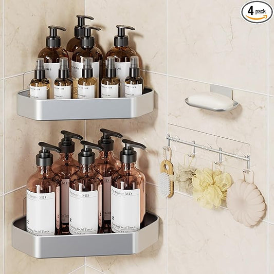 Veken Aluminum Corner Shower Caddy 4-Pack, Never Rust, No Drilling Adhesive Shelves, Stainless Rack with Soap Holder, Bathroom Organizers and Storage, Wall-Mounted Kitchen & Home Decor, Silver