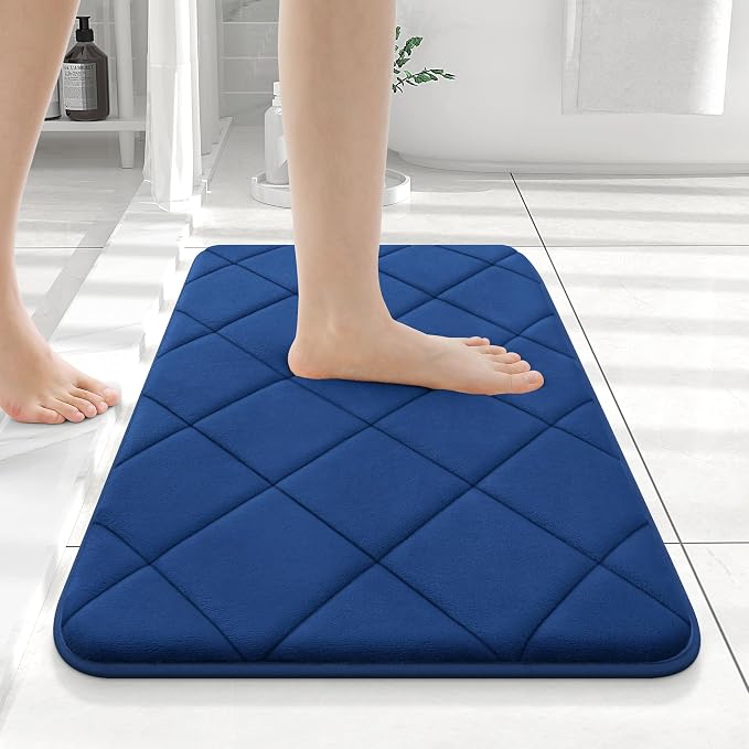 OLANLY Memory Foam Bath Mat 24x16, Ultra Soft and Absorbent Bathroom Rugs | Navy, Quick Dry, Machine Washable Shower Bath Rugs, Comfortable Bath Carpet for Bathroom Floor, Tub and Shower