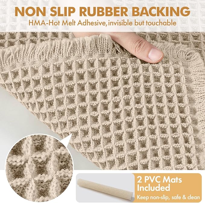MIULEE Set of 2 Waffle Bathroom Rugs Boho Bath Mat Pale Beige 17x24 Inch | Non Slip, Super Absorbent, Washable, Ultra Soft, Rubber Backed, Small Bath Rugs for Bathroom Floor Tub Shower