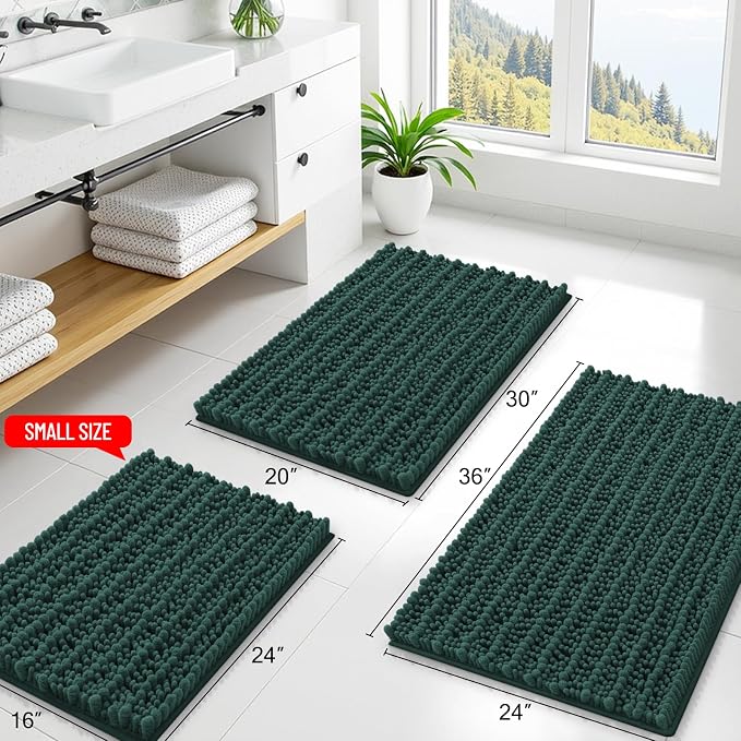 Smiry Bathroom Rugs 34X21, Extra Soft Rubber Backing Chenille Bath Mats | Green Machine Washable Non Slip Quick Dry Bath Mats for Bathroom Floor, Tub, Shower, Home Decor Accessories