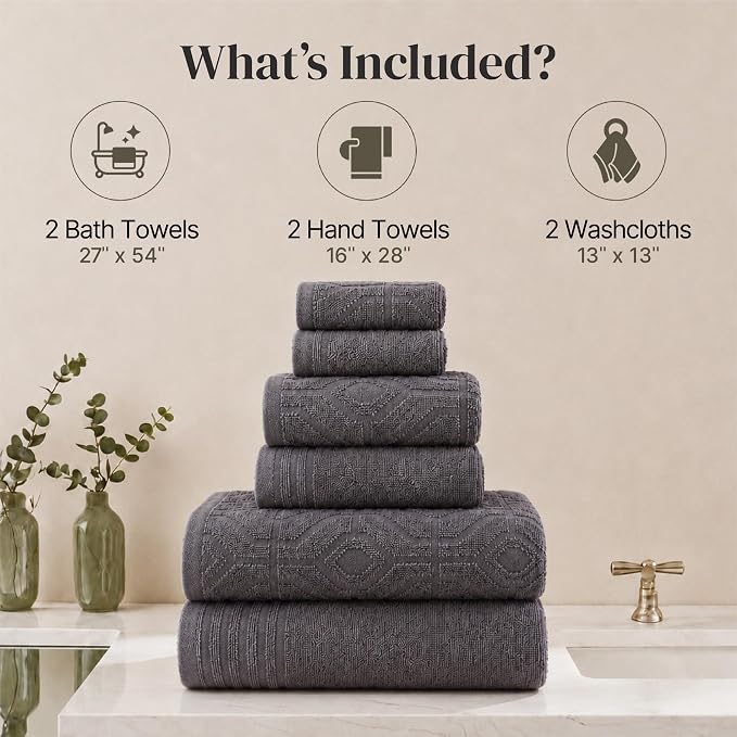 Modern Threads 6 Piece Cotton Bath Towel Set – Ultra Soft 550 GSM Towels – Bathroom Set with Hand Towels and Washcloths – Geometric (Charcoal)