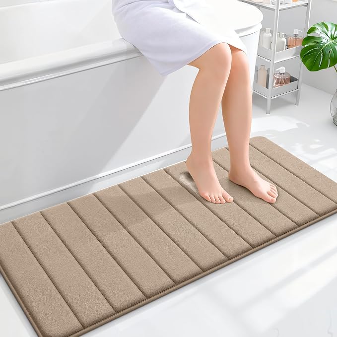 OLANLY Memory Foam Long Bathroom Rugs Runner 47x20, Super Soft Absorbent | Tan, Quick Dry Bath Mat, Machine Washable Shower Floor Rugs, Bathmat Carpet for Bathroom Floor, Tub and Shower