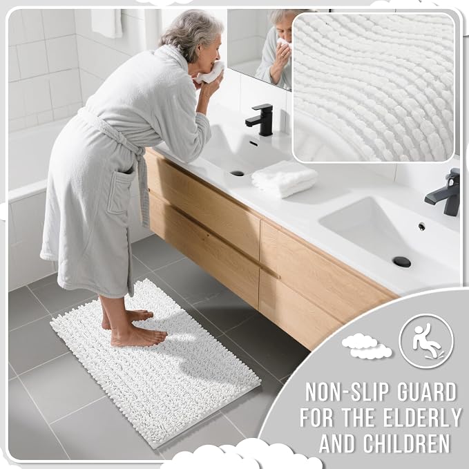 Yimobra Bathroom Rugs Sets 2 Piece - Quick Dry Extra Thick Luxury Chenille Bath Mat, Non Slip Super Absorbent for Tub Shower Sink, Machine Washable Shaggy Floor Mat, 24"x17+24"x20" Inch, White