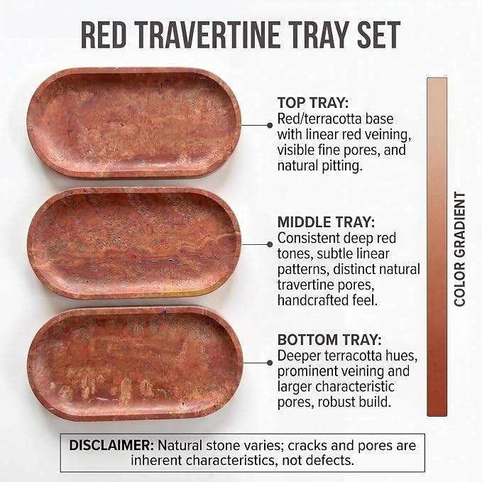 YKAJO Red Travertine Oval Marble Tray, 9.8x4.7 Vanity Perfume Organizer | Honed natural stone; jewelry & trinket dish, ring & key holder, soap & candle catchall; bath counter, dresser, coffee table