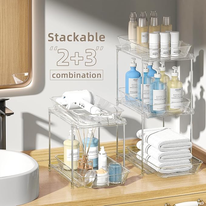 Sevenblue Under Sink Organizer, Bathroom Organizers and Storage, 2 Tier Multi-Use Pull Out Cabinet Organizer with Hang Hooks and Cups (transparent, 11.2 Inch)
