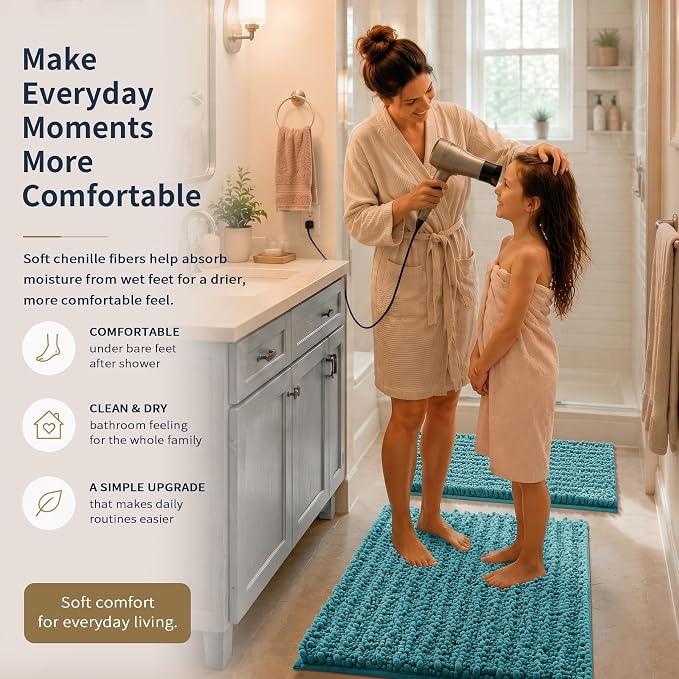 Yimobra Bathroom Rug Set 3 Piece, Super Absorbent Bath Mat Set, Teal Blue | Quick Dry Soft Chenille Bath Rugs & Toilet Rug, Non Slip Machine Washable, Extra Thick Shaggy Floor Mat for Shower Tub Sink