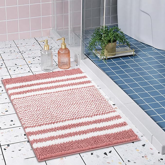 Bathroom Rugs, 20x32 Chenille Bath Mats, Dusty Pink | Extra Soft Absorbent, Non Slip Striped, Quick Dry Machine Washable, Modern, Shower Rug for Bathroom Bedroom Decor