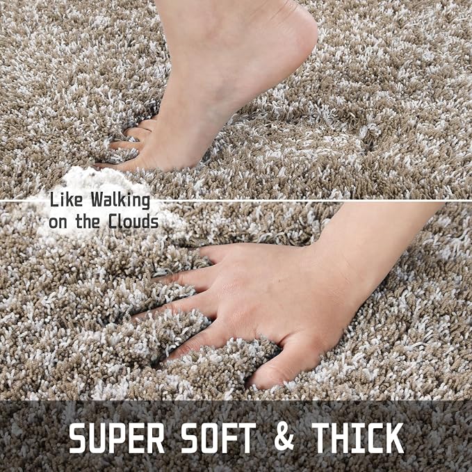 Yimobra Fluffy Bathroom Toilet Rug Set, 32x20+24x20, Light Brown and White | Soft Absorbent Microfiber Bath Mat Set, Non Slip, Machine Washable Quick Dry, Plush Shaggy Shower Rugs for Bathroom Floor