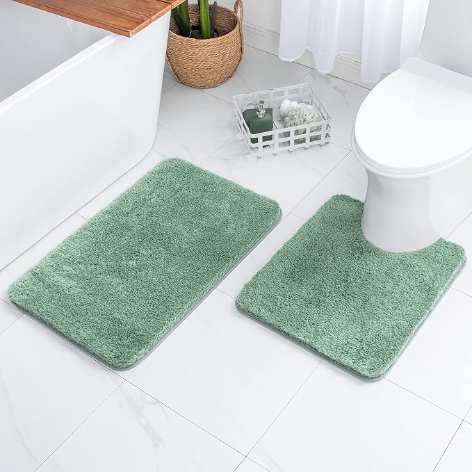 MIULEE Sage Green Bathroom Rugs Set 2 Piece Soft Bath Mats 20x24+20x30 Inch | Absorbent Microfiber Bath Mat and U-Shaped Toilet Rug, Non Slip, Quick Dry, for Bathroom Floor Tub Showers, Machine Washable