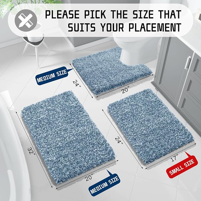Yimobra Fluffy Bathroom Toilet Rug Set, 32x20+24x20, Denim Blue and White | Soft Absorbent Microfiber Bath Mat Set, Non Slip, Machine Washable Quick Dry, Plush Shaggy Shower Rugs for Bathroom Floor