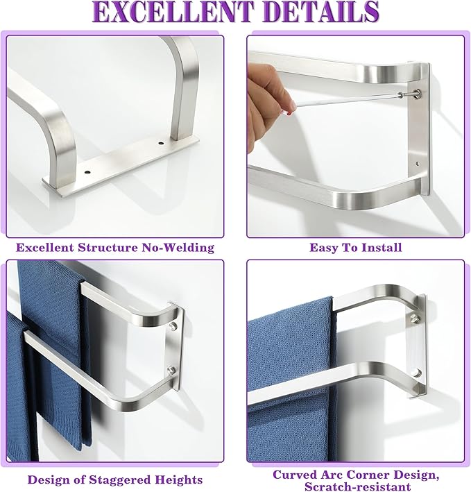 Alise Double Towel Bars for Bathroom,24 in Towel Holder Towel Racks for Bathroom Wall Mount,SUS304 Stainless Steel Double Towel Rail Towel Hanger for Walls,Brushed Nickel