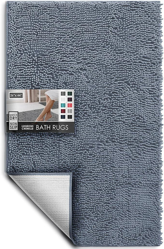 Hearth & Harbor Bathroom Rugs, Chenille Bath Mat - Machine Washable Bath Mats for Bathroom Non-Slip Backing Rubber, Quick Dry Bathroom Mat, 26 x 44 - Stone Blue