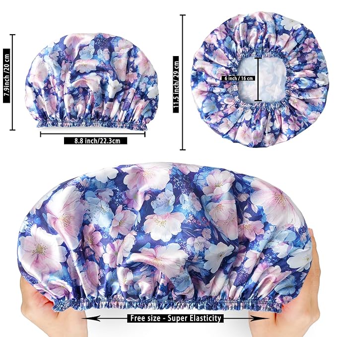 Shower Caps for Women, 4 PCS Reusable Waterproof Bath Cap | Double Layer, Washable, Wide Elastic Band, Holds Long Hair, Caps for Bath Accessories, Spa, Travel Home - Printing Flower D