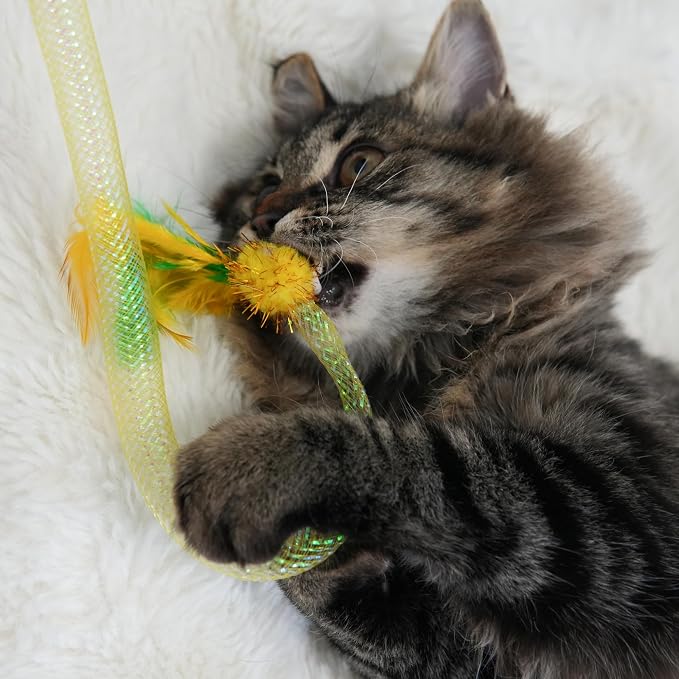 Cat Toys for Indoor Cats, Interactive Cat Wand Toy 3 Pack with Feathers, Mesh Tube, Bell & Pom Pom, Cat Teaser Wand, Cat Fishing Pole Toy for Kittens and Adult Cats
