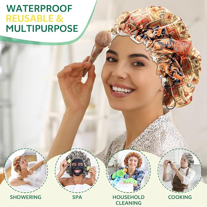 2 PCS Shower Cap Waterproof Double Layer Elastic Adjustable Reusable Hair Bath Caps for Girls Women Cute Aesthetic-Red