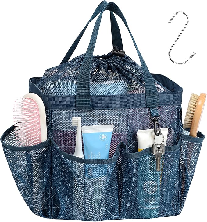 F-color Mesh Shower Caddy Portable with Drawstring - Upgrade Deeper 7 Pockets Dorm Room Essentials for Guys Girls with S Hook, Shower Bag Basket Tote for College Camping Gym Bathroom, Starlight Navy