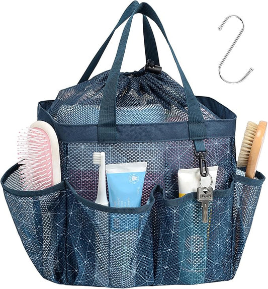 F-color Mesh Shower Caddy Portable with Drawstring - Upgrade Deeper 7 Pockets Dorm Room Essentials for Guys Girls with S Hook, Shower Bag Basket Tote for College Camping Gym Bathroom, Starlight Navy
