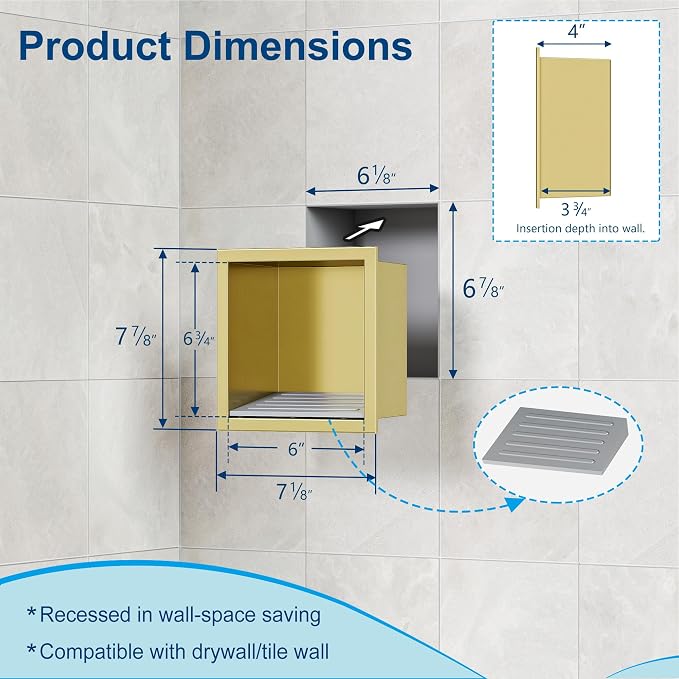 Neodrain Shower Foot Rest for Shaving Legs, 304 Stainless Steel Shower Niche, Recessed Shower Step for Shaving Legs,Niche for Shower Wall, Bathroom Foot Rest (Golden, 6.7" x 6")